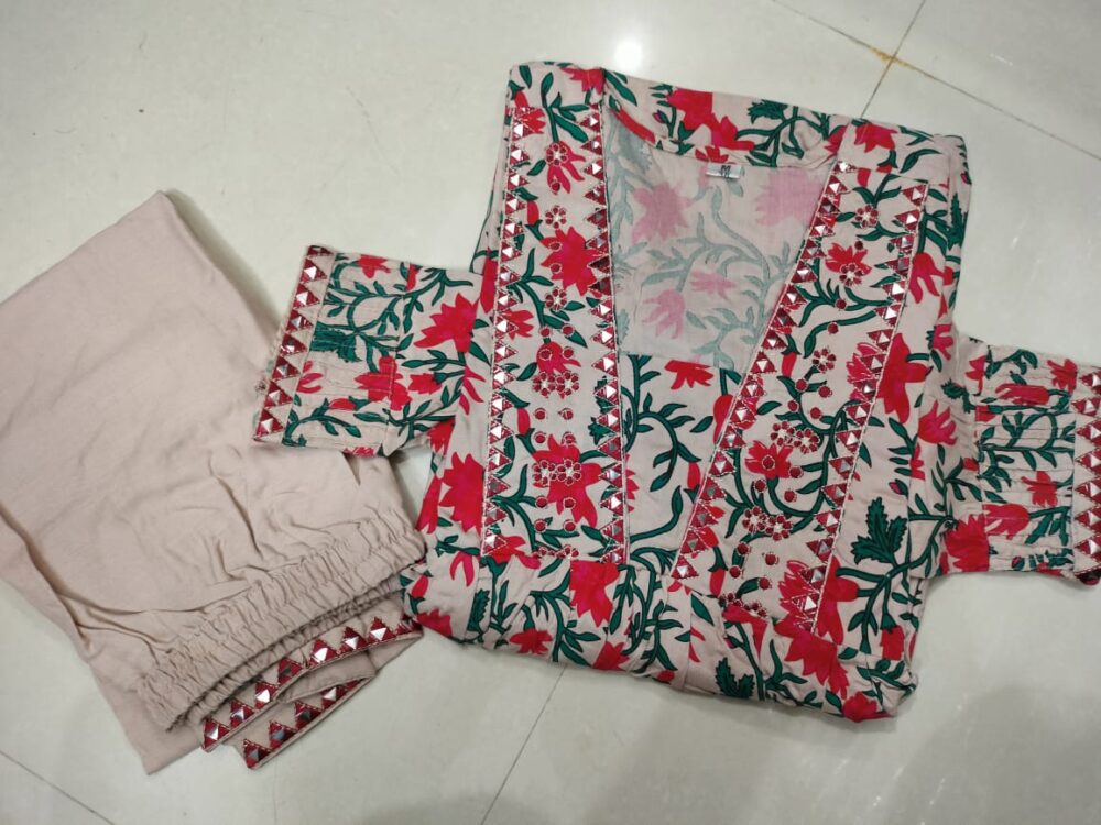 Printed kurta With mirror Embroidery on kurta and pants - Image 4