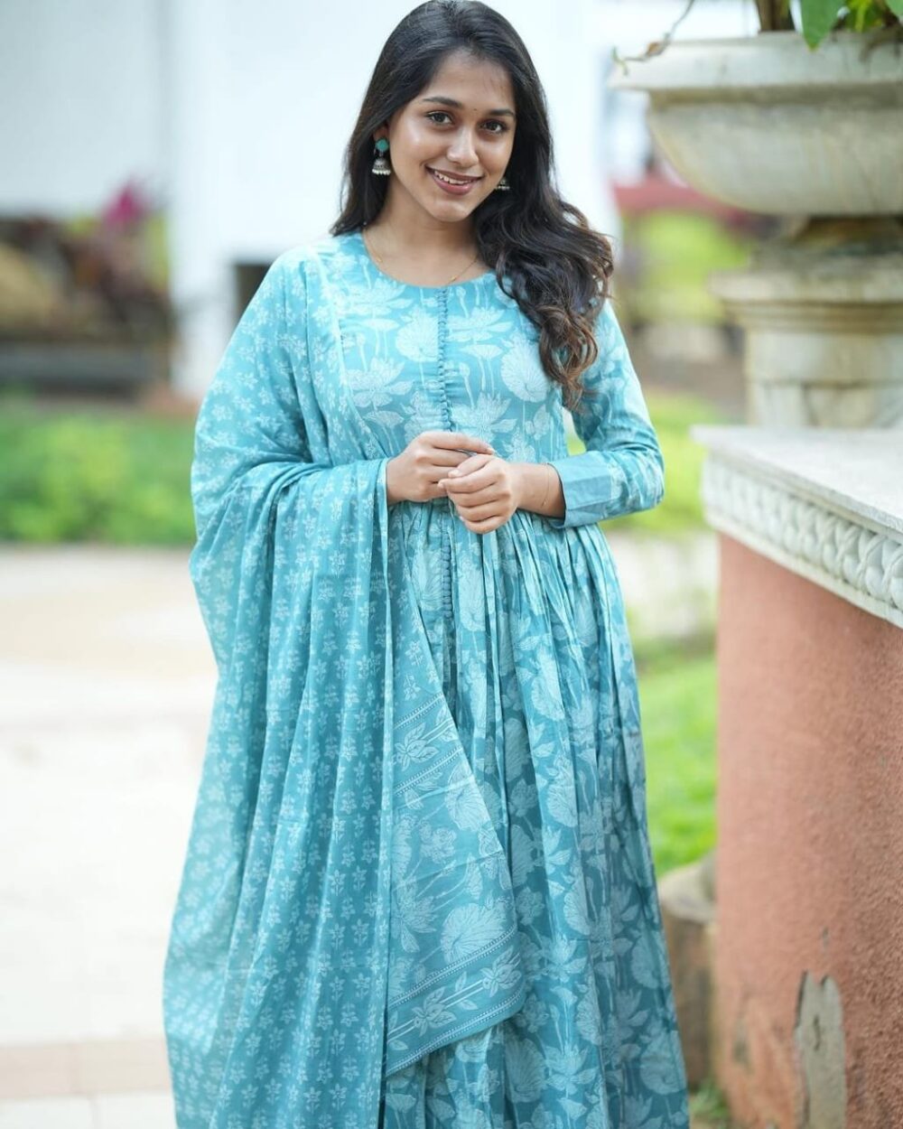 Festival is here and it's just the right time to welcome ethnic attire in your wardrobe. These easy breezy A-line Alia Cut Cotton Suits showcasing prints, intricate embroidery. If is print matching mal mal dupatta and pant.