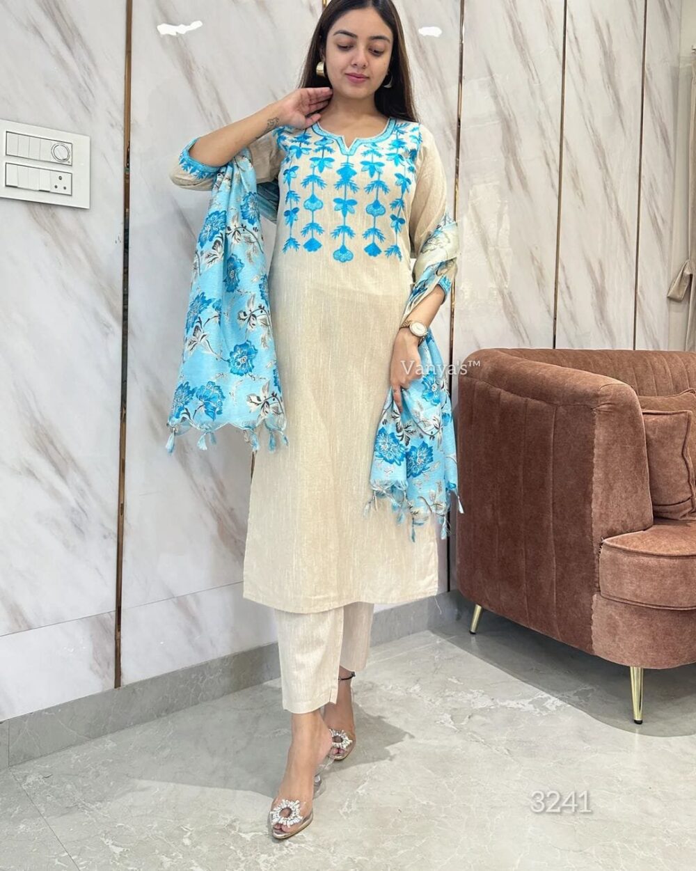 Makes an enticing appearance at traditional events by wearing this handloom south cotton kurta pant and khadi silk Dupatta set from Vc Fashion. It comes with handloom straight cut  kurta with resham thread aari heavy embroidery  team it with high ankle pants. Style this set with jhumkas and mule heels to complete the look . - Image 3