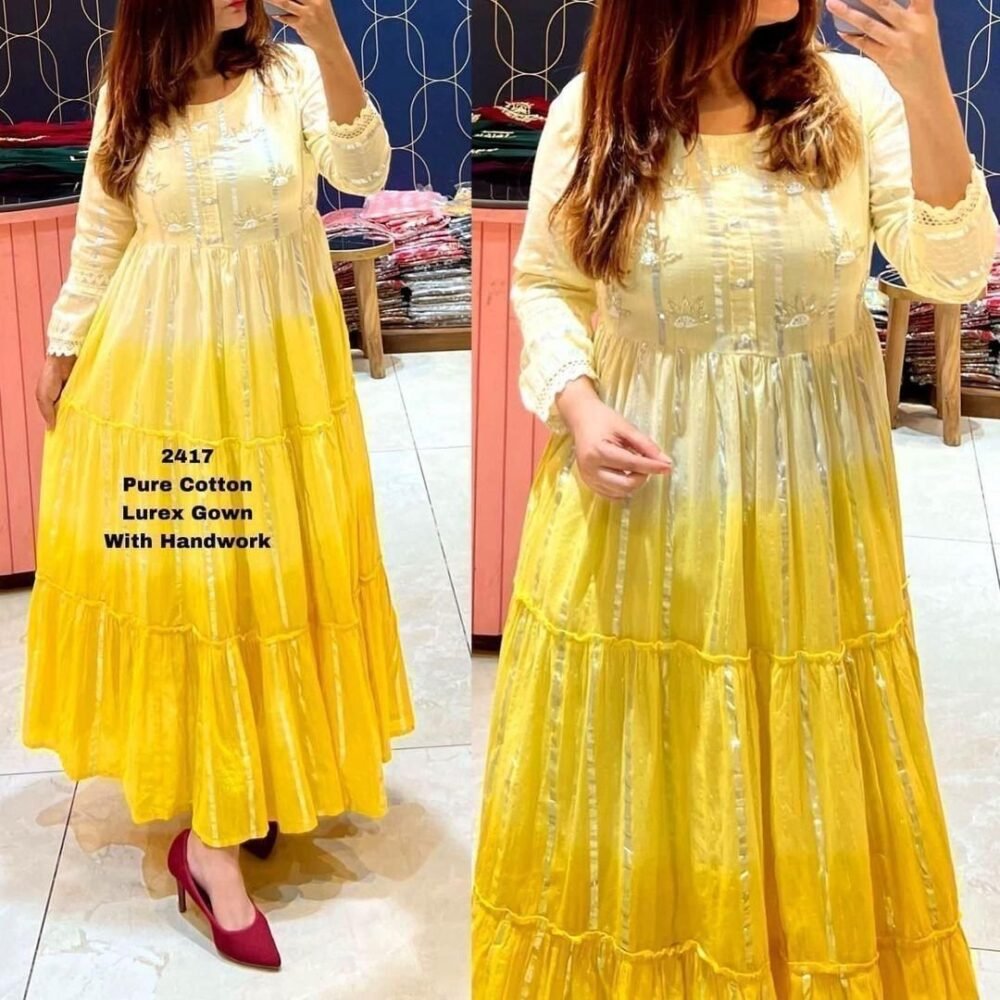 *Pure Cotton  Lurex  Fabric Gown with Attached With Pure Cotton linning Highlighted With Beautiful Handwork on neck* - Image 3