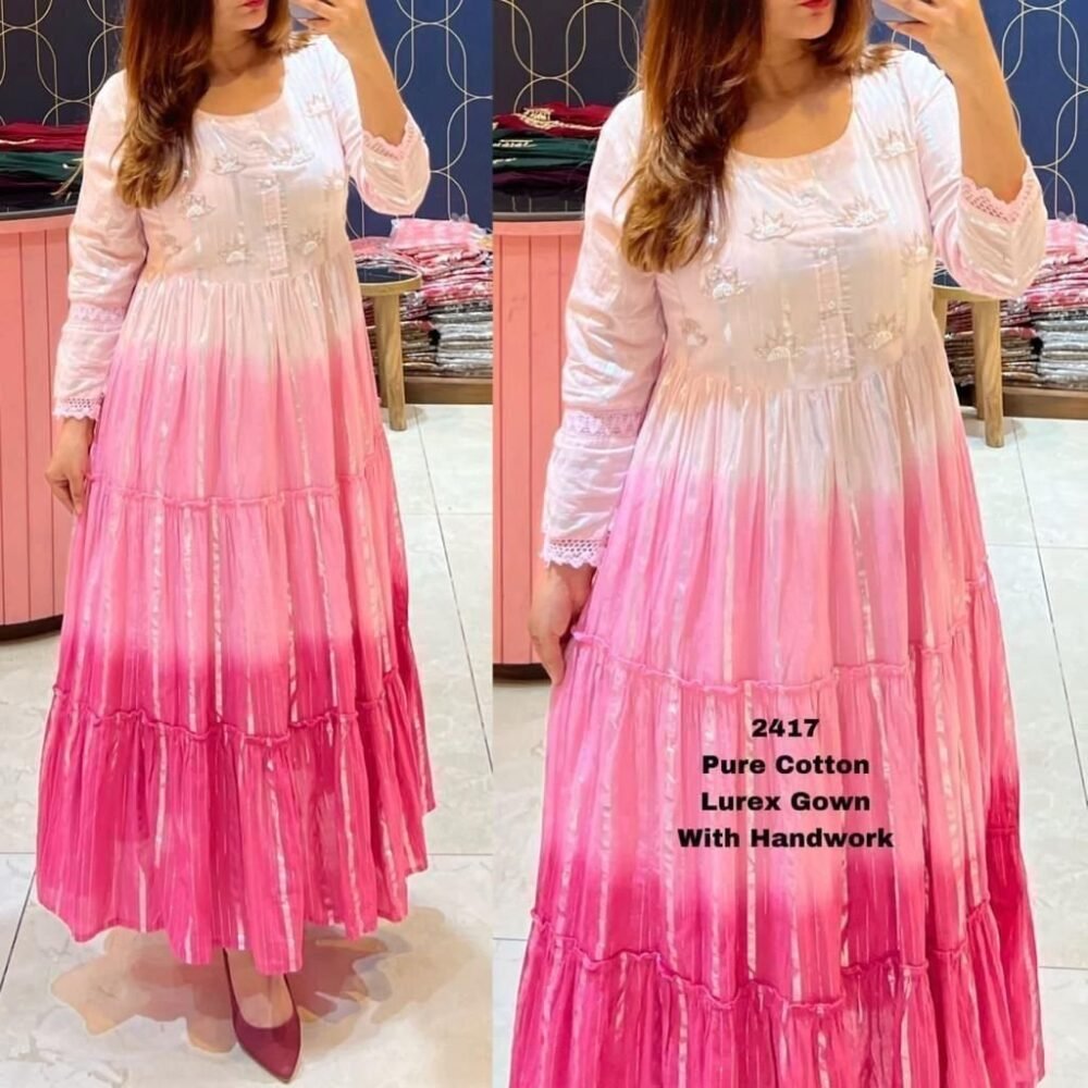 *Pure Cotton  Lurex  Fabric Gown with Attached With Pure Cotton linning Highlighted With Beautiful Handwork on neck*