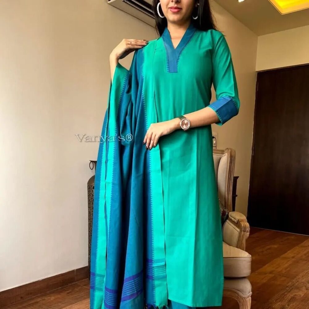 Product*premium South cotton handloom kurti with temple border on yoke and sleeves Paried with handloom cotton pants and dupatta*