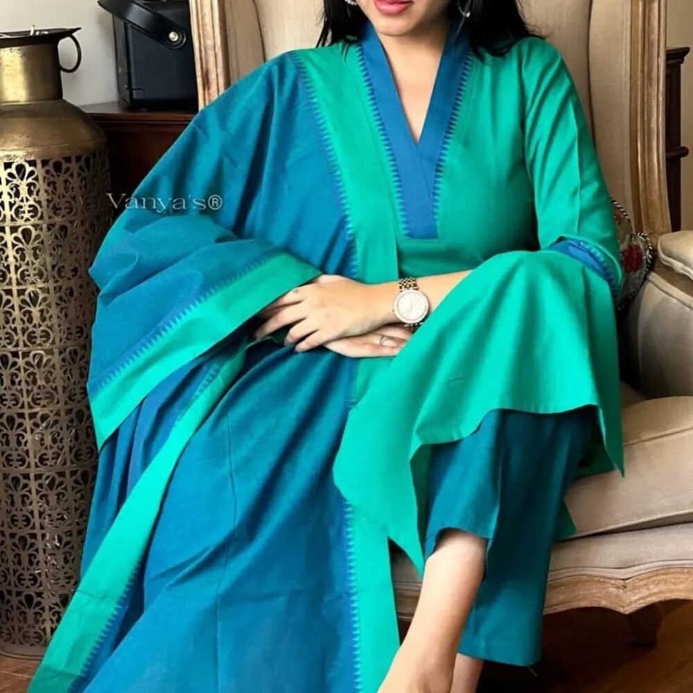 Product*premium South cotton handloom kurti with temple border on yoke and sleeves Paried with handloom cotton pants and dupatta* - Image 5