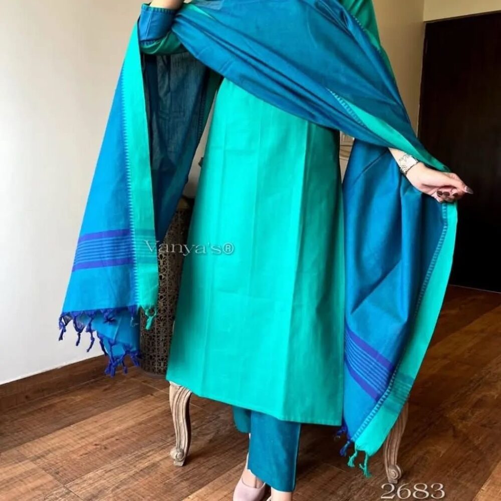 Product*premium South cotton handloom kurti with temple border on yoke and sleeves Paried with handloom cotton pants and dupatta* - Image 4
