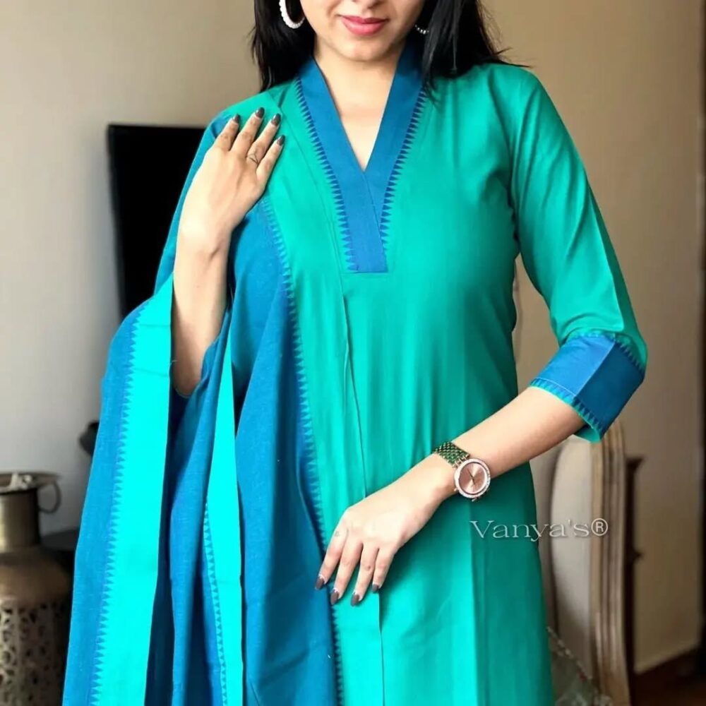 Product*premium South cotton handloom kurti with temple border on yoke and sleeves Paried with handloom cotton pants and dupatta* - Image 2