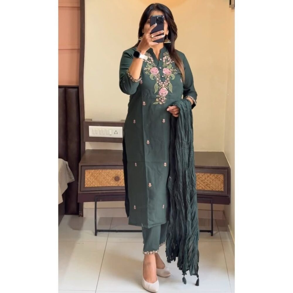 Beautiful pure cotton 60-60 super dying embroidery suit set.paired up with cotton pant and malmal cotton dupatta with tusels. - Image 19