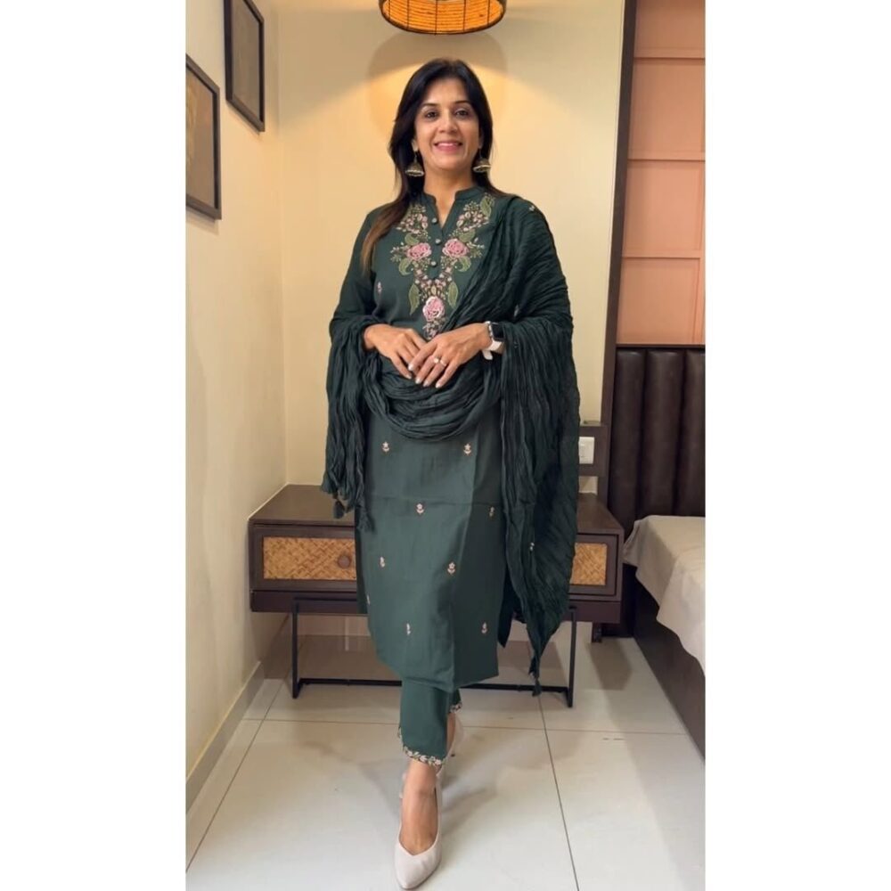 Beautiful pure cotton 60-60 super dying embroidery suit set.paired up with cotton pant and malmal cotton dupatta with tusels. - Image 10