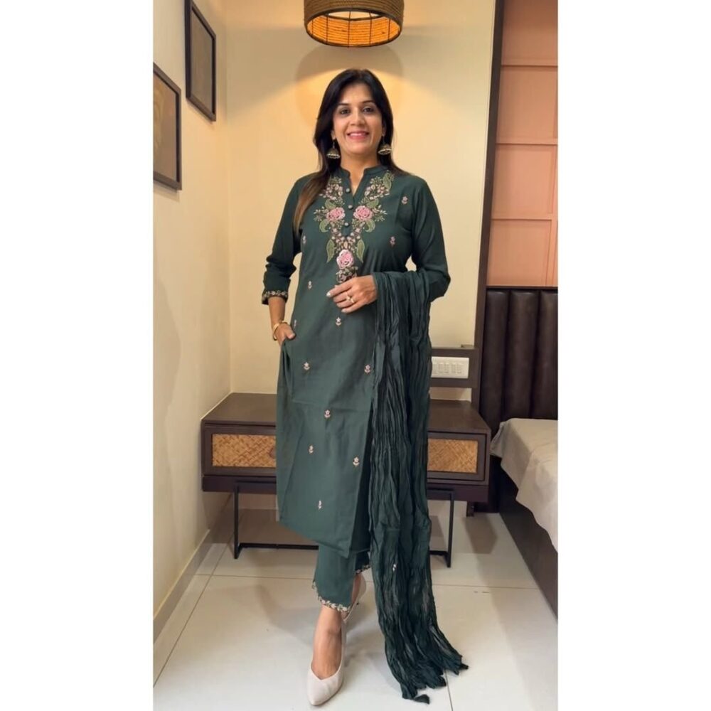 Beautiful pure cotton 60-60 super dying embroidery suit set.paired up with cotton pant and malmal cotton dupatta with tusels. - Image 25