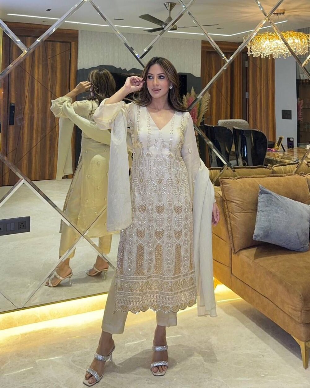 DESIRABLE FANCY FAUX GEORGETTE SEQUENCE EMBROIDERED WORK TOP AND PENT WITH DUPATTA*
