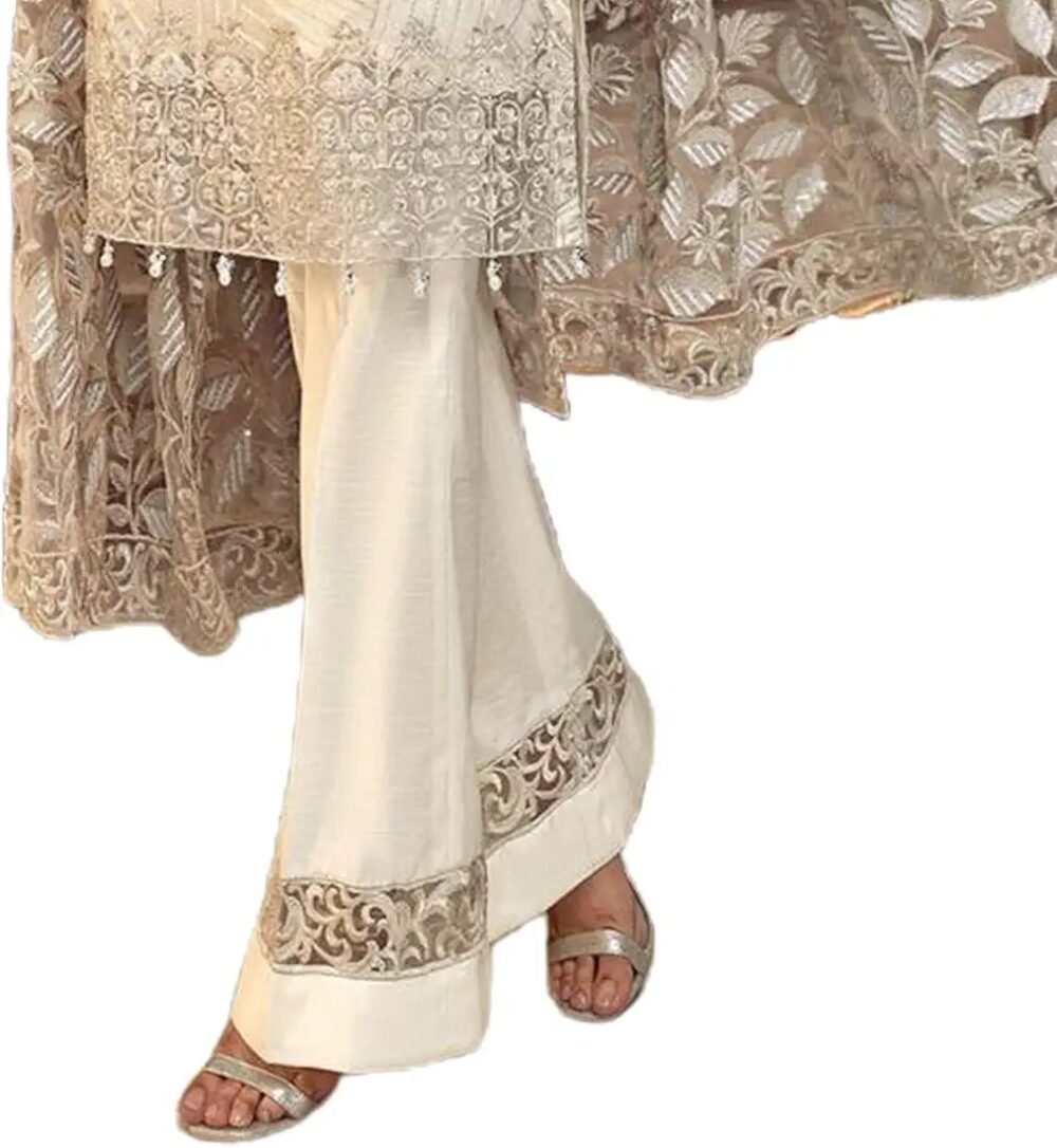 Modern Women's Pakistani Suit Off-White Faux Georgette Semi Stitched Top With Unstitched Santoon Bottom and Net Dupatta Embroidered Straight Kurta Dress Material (Kurta Palazzo Set) - Image 7