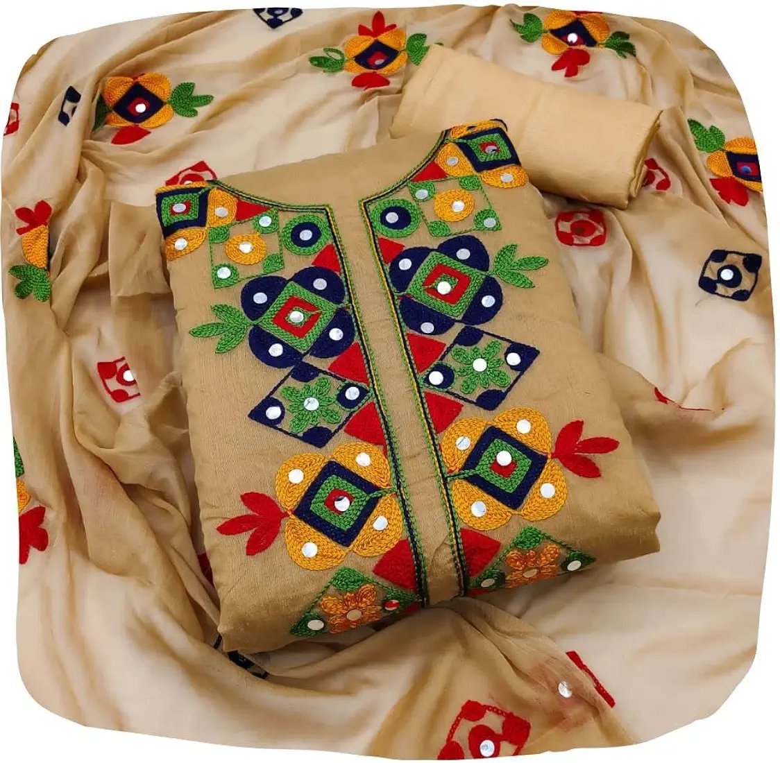 Women's Fashion Chanderi Cotton Embroidered And Mirror Work Unstitched Salwar Suit Material - Image 29