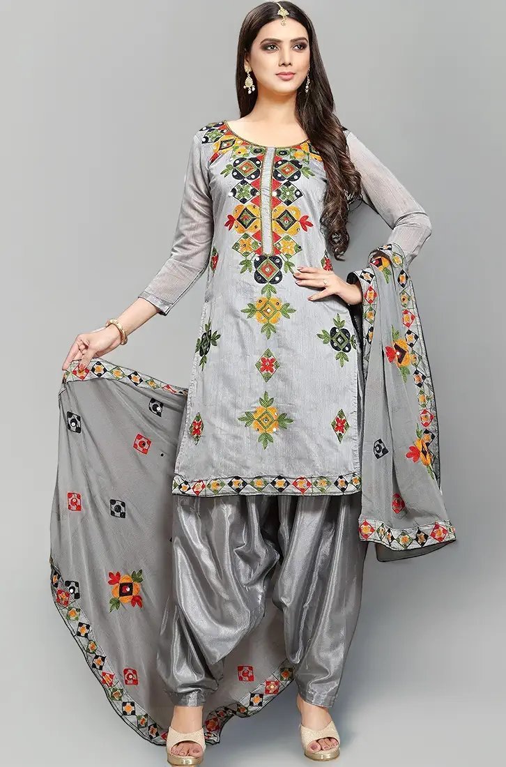Women's Fashion Chanderi Cotton Embroidered And Mirror Work Unstitched Salwar Suit Material - Image 38