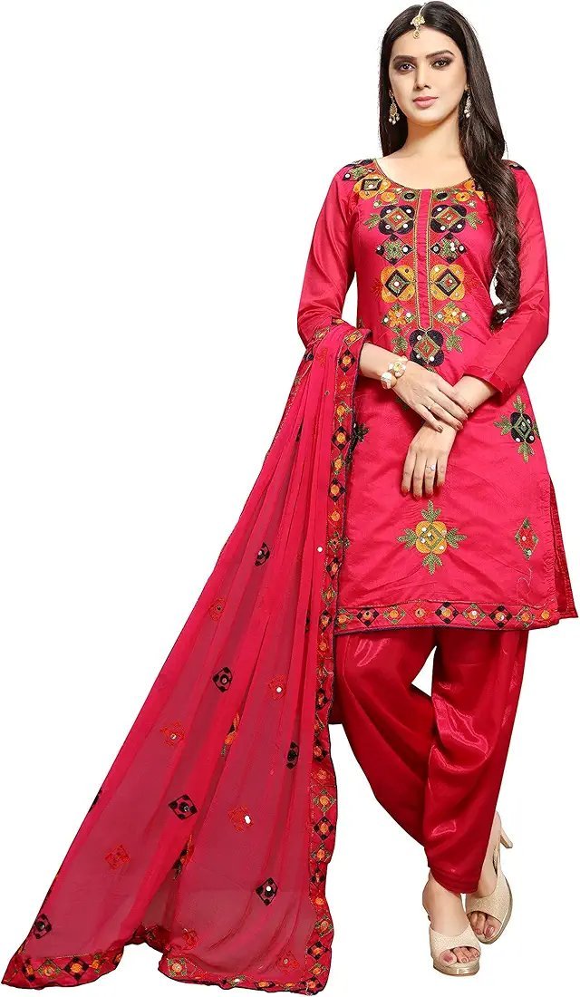 Women's Fashion Chanderi Cotton Embroidered And Mirror Work Unstitched Salwar Suit Material - Image 28