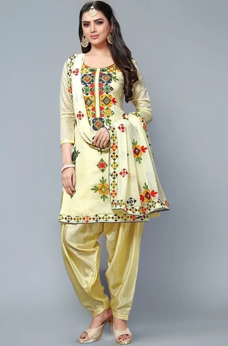 Women's Fashion Chanderi Cotton Embroidered And Mirror Work Unstitched Salwar Suit Material