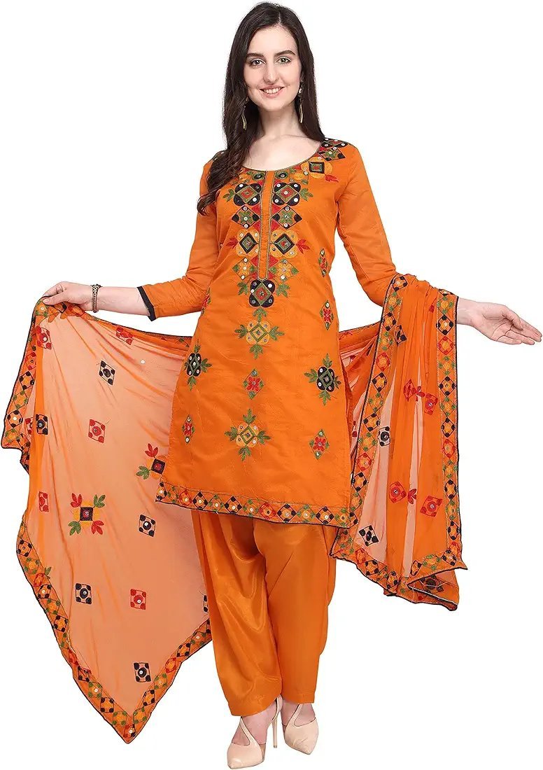 Women's Fashion Chanderi Cotton Embroidered And Mirror Work Unstitched Salwar Suit Material - Image 11