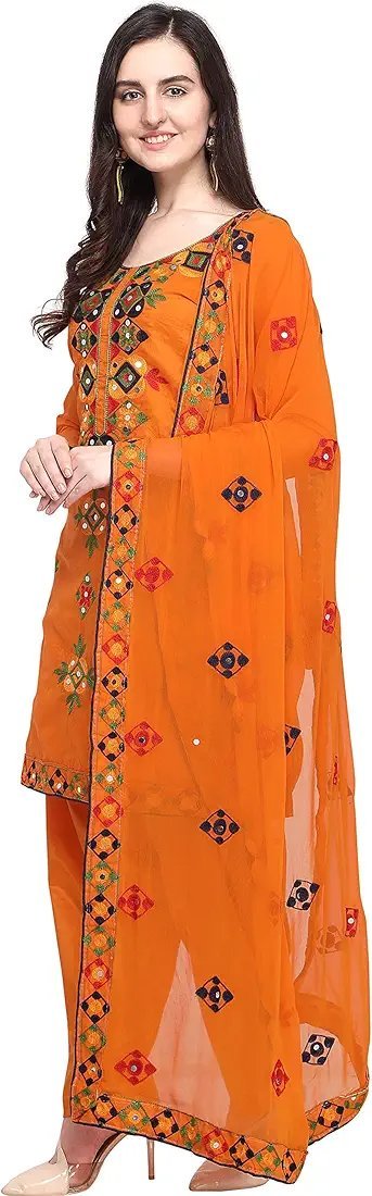 Women's Fashion Chanderi Cotton Embroidered And Mirror Work Unstitched Salwar Suit Material - Image 2