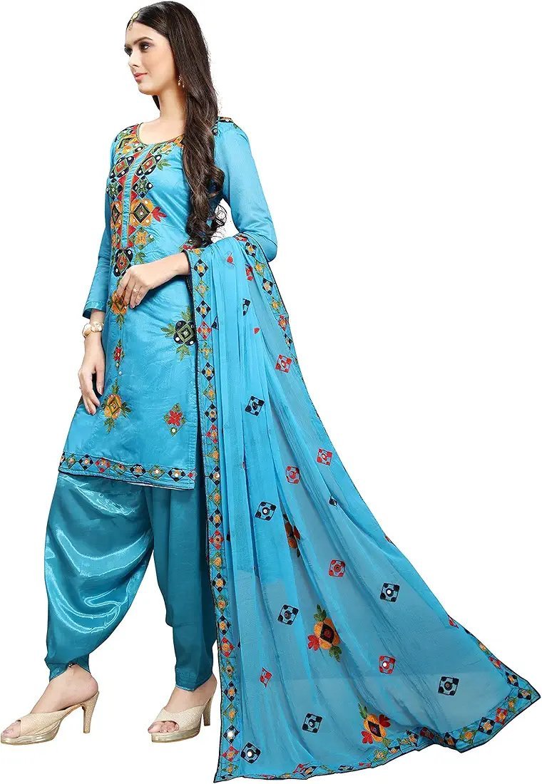 Women's Fashion Chanderi Cotton Embroidered And Mirror Work Unstitched Salwar Suit Material - Image 21
