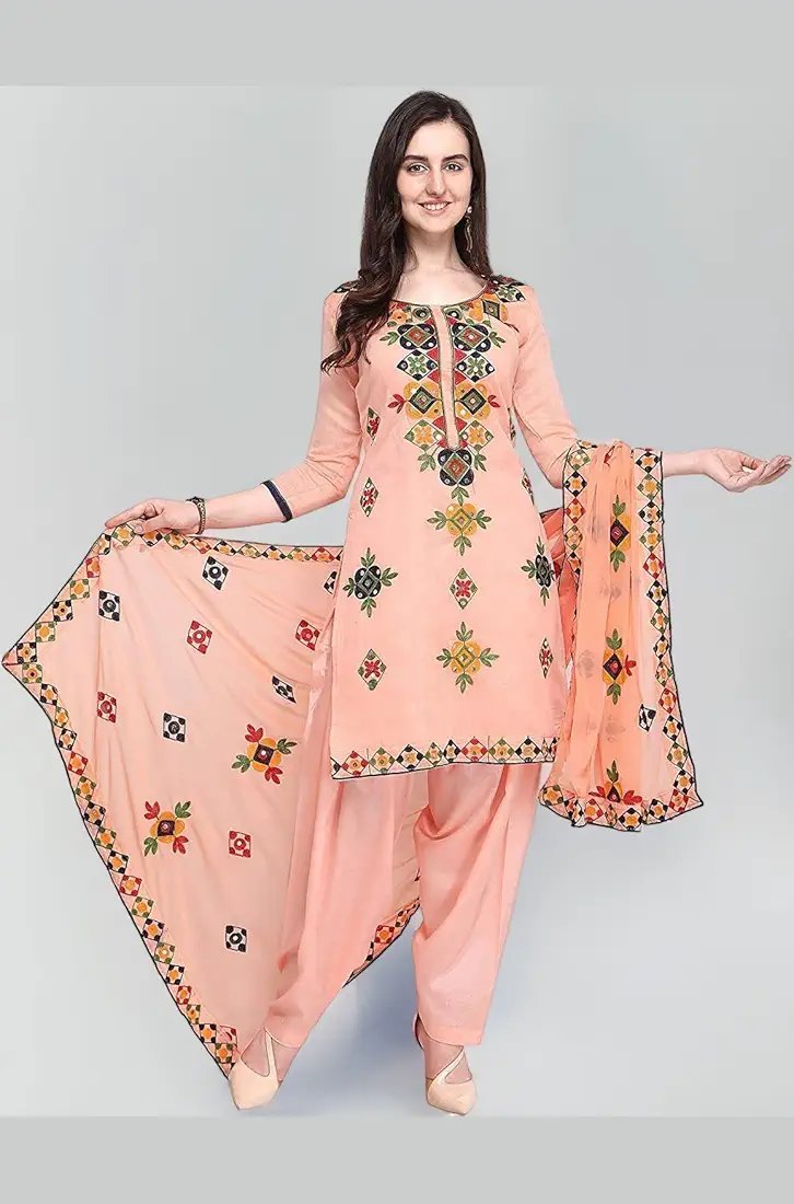 Women's Fashion Chanderi Cotton Embroidered And Mirror Work Unstitched Salwar Suit Material - Image 35
