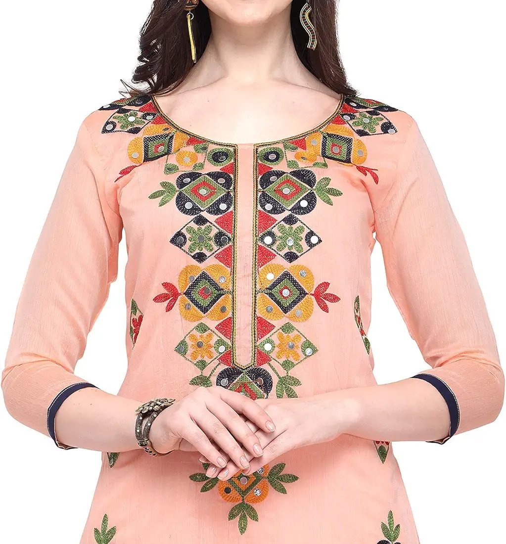 Women's Fashion Chanderi Cotton Embroidered And Mirror Work Unstitched Salwar Suit Material - Image 24
