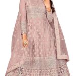 Women's Net Semi Stitched Gown Top With Satin Silk Fabric Bottom & Net Dupatta Embroidered Anarkali Dress