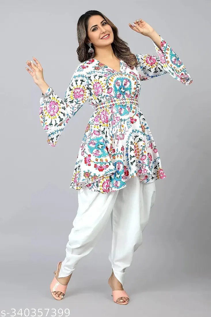 Elevate your ethnic style with this stunning Floral Print Cotton Kurta and Dhoti Set for Women.
