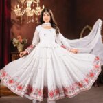 This premium readymade Anarkali suit set seems like a luxurious and high-quality option for women.