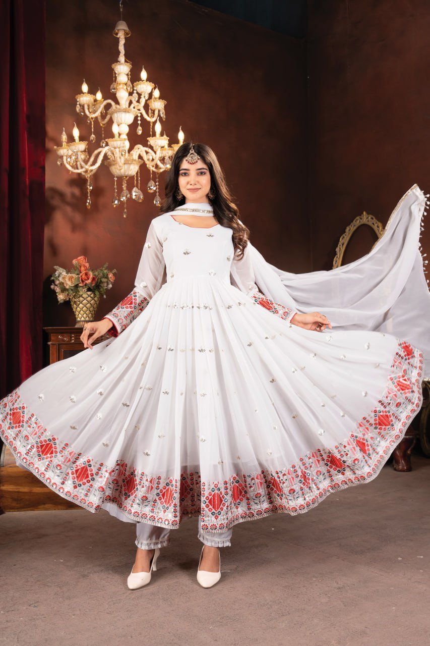This premium readymade Anarkali suit set seems like a luxurious and high-quality option for women.