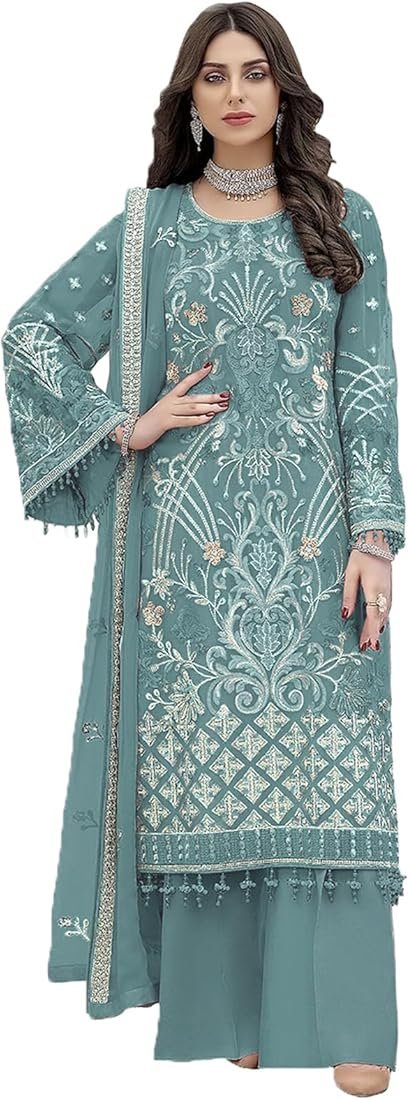 Women's Georgette Pakistani Semi-Stitched Suit
Product Code: SF201-55no | Color: Light Blue & White | Free Size (Semi-Stitched) - Image 2