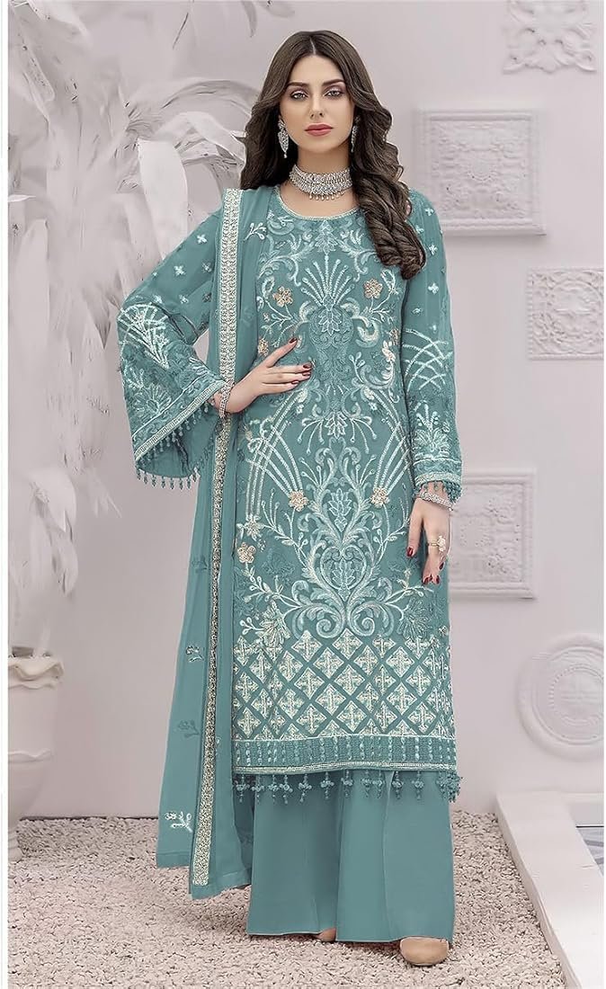 Women's Georgette Pakistani Semi-Stitched Suit
Product Code: SF201-55no | Color: Light Blue & White | Free Size (Semi-Stitched) - Image 3