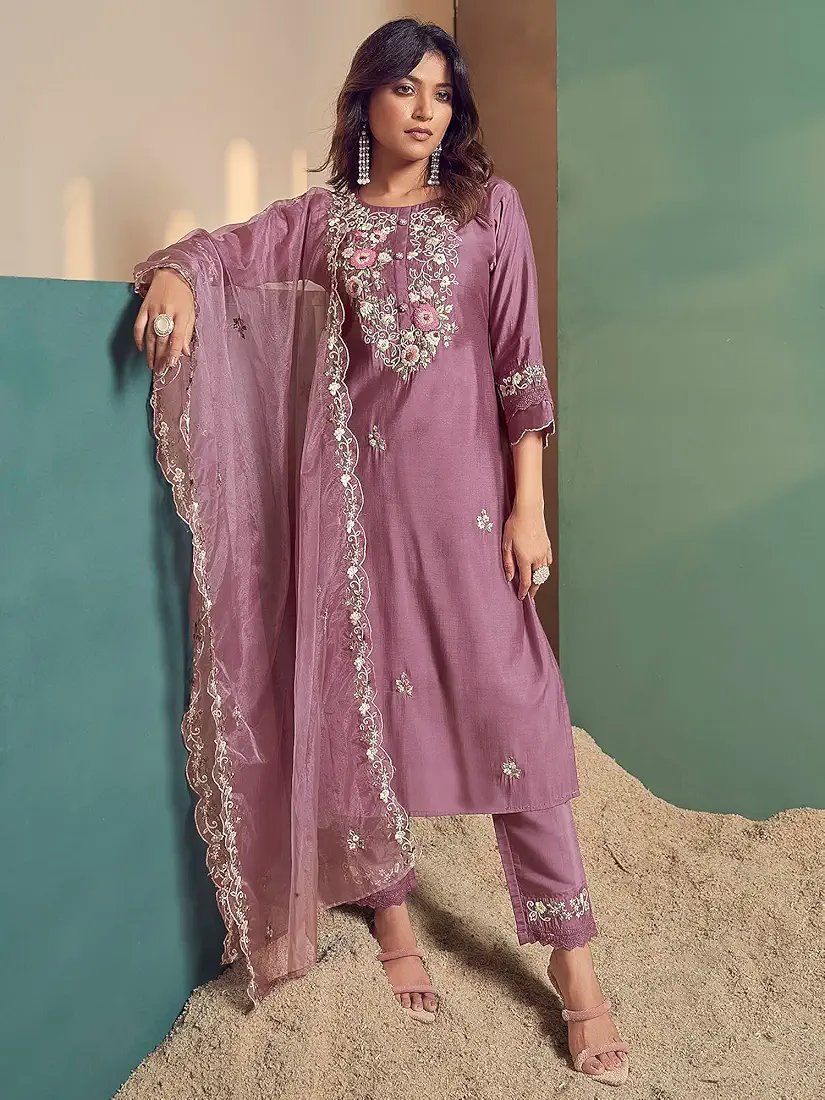๐ธ Silk Blend Women's Embroidered Straight Kurta Pant With Dupatta Set - Lavender - Image 2