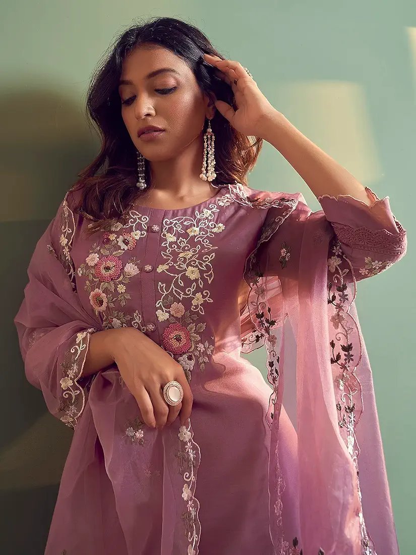 ๐ธ Silk Blend Women's Embroidered Straight Kurta Pant With Dupatta Set - Lavender - Image 5