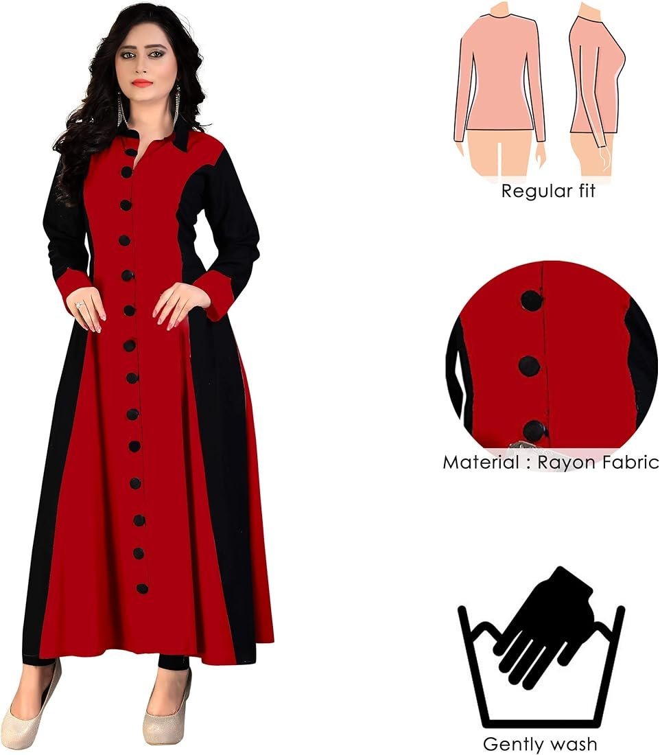 Women’s Rayon Regular A-Line Kurti with Fully Stitched Plain Long Kurta - Image 5